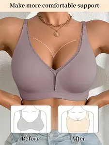 Women's Seamless V-Neck Lace Trim Wire-Free Bra (Sizes S-XXL) – Adjustable Straps with Multi-Row Back Closure, Lift Support Underwear – Black/White/Apricot/Brown – Suitable for Daily Wear, Commute & Home