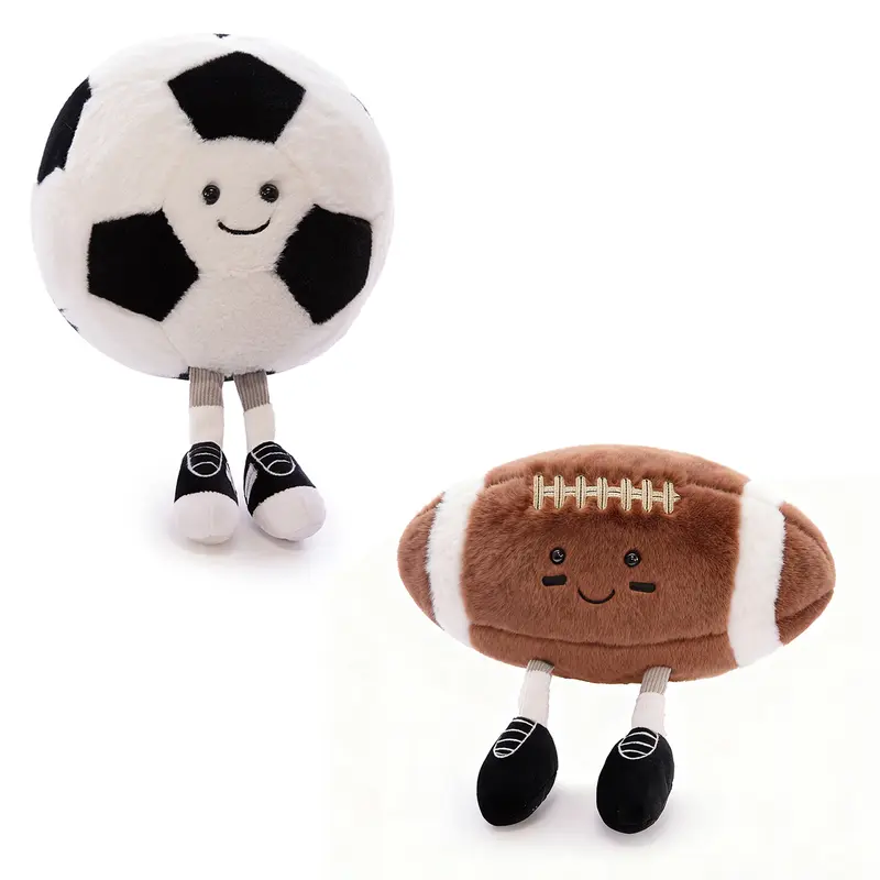 Soccer Ball Plush Rugby Football Cute Smiling Face Embroidered Feet Soft Cuddly Huggable Buddy Game Decoration Throw Pillow Kids Birthday Christmas Gift