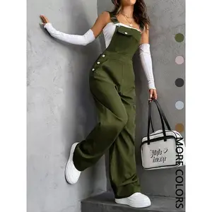 Women's Plain Pocket Overalls, Casual Comfy Strap Design Overalls for Daily Wear, Ladies Clothes for All Seasons, Dungarees, Overall Jumpsuit Women, Sailors Dungarees, Womenswear, Fitted Adjustable Strap Overalls Basic Green Minimalist Sleeveless Strappy