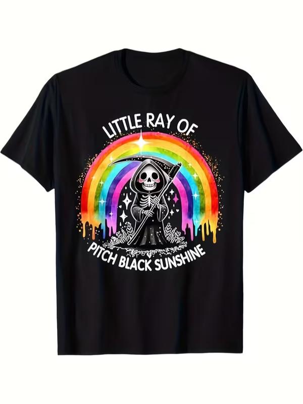 Women's Vintage Cotton Blend Short Sleeve Round Neck Casual T-Shirt - Pitch Black Sunshine Death Rainbow Halloween Theme Print, Retro Comfortable Top, Machine Washable (Great Gift for Men)