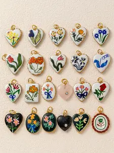 1PC Fashion Bohemian Style Heart Shaped Pendant, Enamel Painting, Flower Heart, Flower Ellipse, Pink Heart, Plant Series Pendant, Stainless Steel 18K Gold Plated, Suitable for DIY Fashion Accessories of Keychains, Bags, Jewelry