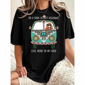 Vibrant Bohemian Graphic T Shirt for Plus Size Women Featuring Hippie Bus and Desert Scene with Dark Desert Highway Quote Top Top Womenswear Tshirt Streetwear Crewneck Maternity Casual plus size tops