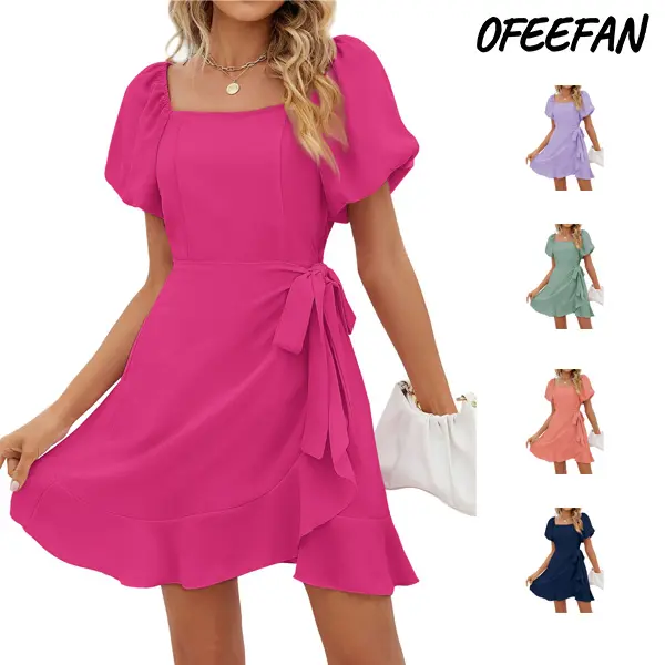 OFEEFAN Womens Summer Dresses Square Neck Puff Sleeve Tie Waist Short Dress  - TikTok Shop