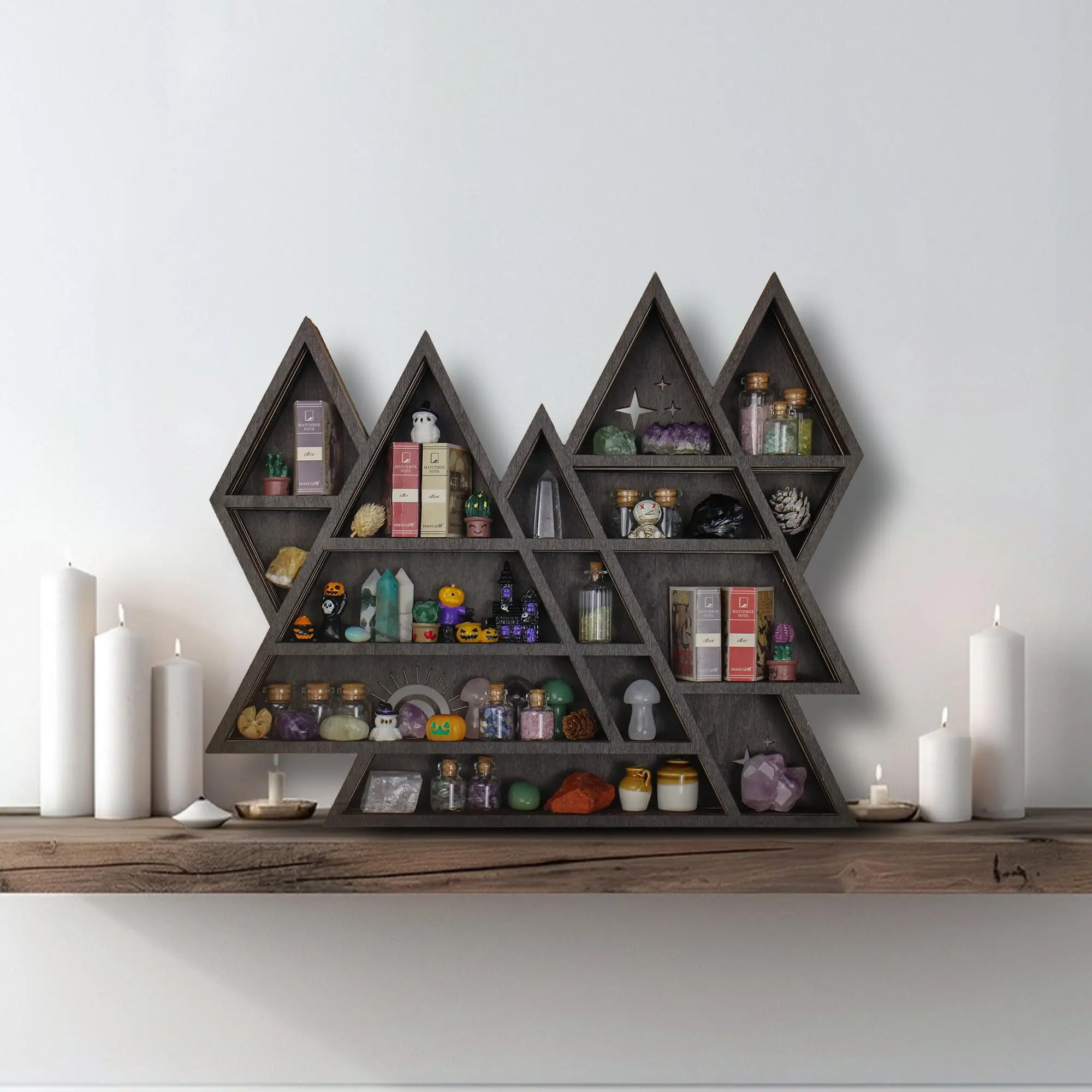 FNYDOX Triangle Mountain Crystal Wall Floating Shelf, Rock Gem Healing Stone Display Holder, Witchy Home Decor Trinket Organizer Gift for Women