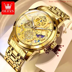 Brand OLEVS Mens Gold Watch Chronograph Luxury Business Dress Analog Quartz Wristwatches for Men
