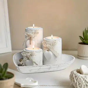 Three-piece heart-shaped white wooden candle holder set, Vintage candle stand, braided ribbon bow decoration and decorative stone, heart-shaped tray, home decoration, holiday gift, without candles
