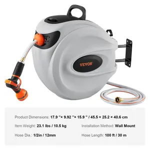 VEVOR Retractable Hose Reel, 100 ftx 1/2 inch, 180 Swivel Bracket Wall-Mounted, Garden Water Hose Reel with 9-Pattern Nozzle, Automatic Rewind, Lock at Any Length, and Slow Return System