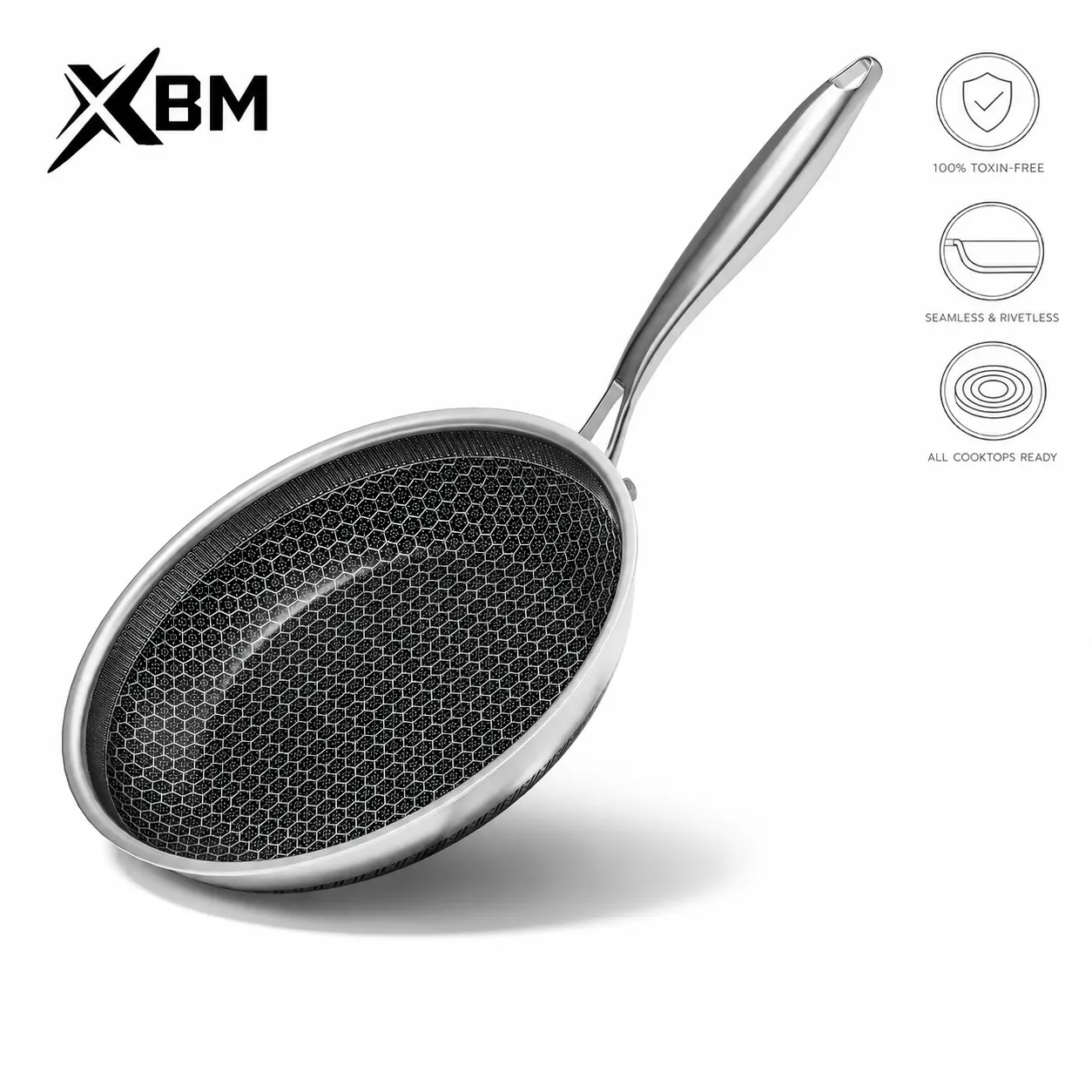 XBM Hybrid Nonstick Frying Pan with Smooth Base , Tri-Ply Stainless Steel Honeycomb Skillet, Healthy PTFE/PFOA Free Ceramic Coating, Stay-Cool Handle, Induction Ready & Oven Safe Cookware Aluminium Carbon Metal pots and pans set ，Tempered Glass Lid