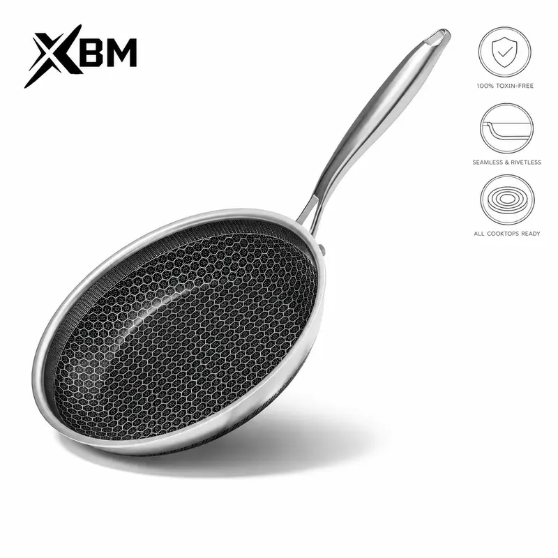 XBM Hybrid Honeycomb Nonstick Chef Pan - 3-Layer Stainless Steel Smooth Base, Non-Toxic Ceramic Non Stick Surface, Stay-Cool Handle, Induction Compatible Pan, Oven-Safe Up to 500°F for Roasting, Dishwasher Safe, Tempered Glass Lid, PTFE/PFOA-Free Cookware