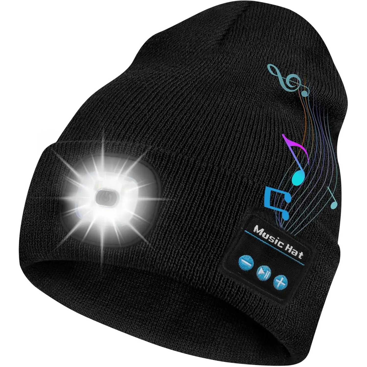 Unisex Bluetooth Beanie Hat with Headlamp, Built-in Speaker Mic & Headphones, Acrylic Blend 1-Size USB Charging Gift for Adults & Teens, One Size