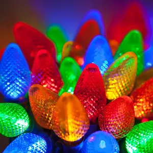 C7 LED Faceted Multicolor Prelamped Light Set, Green Wire - 25 C7 Multi Color LED Christmas Lights, 8" Spacing Wintergreen Lighting