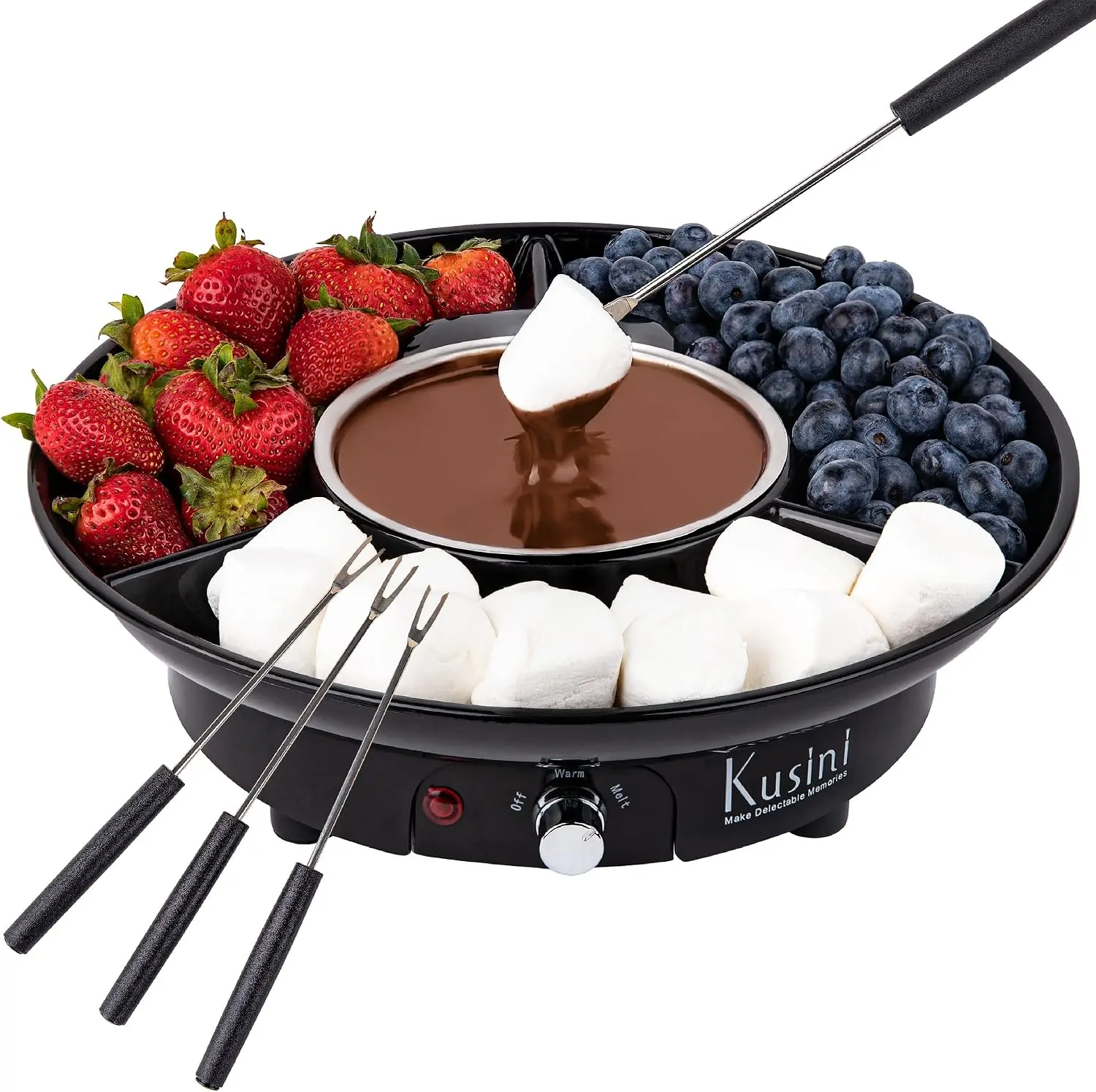 Electric Fondue Pot Set Chocolate Fondue Kit Adjustable Temperature Control Detachable Serving Tray 10 oz Melting Pot 4 Stainless Steel Roasting Forks Compact Tabletop Party Dessert Maker Set for Date Night Movie Game Night Gift