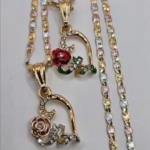 hearts with roses chains set of 2 gold-plated red pink with stones