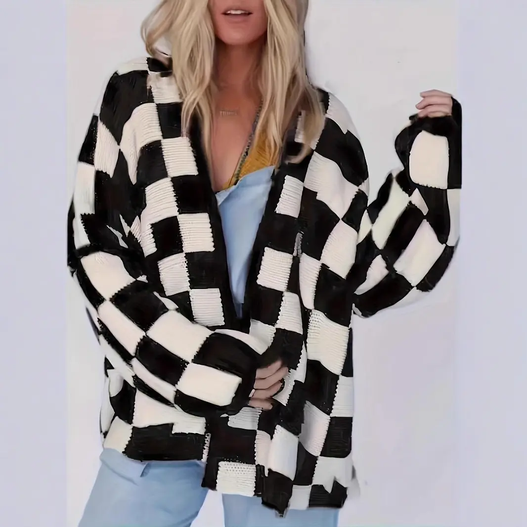 Women's Checkerboard Cardigan Casual Loose Women's Short Sleeve Jacket Long Sleeve Black and White Plaid Women's Sweater Cardigan