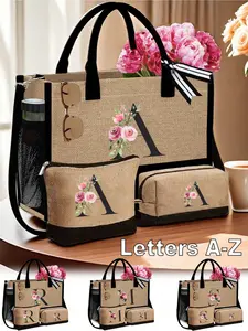 Pink flower pattern, black letters A-Z embellishment, jute/canvas tote bag, suitable for weddings, birthdays, beaches, vacations, school and other occasions. Large capacity design, portable casual storage tote bag, is the best gift for teachers.