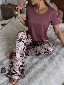 Women's Casual Pajama Set, Short Sleeve Top and Floral Print Pants, 2-Piece Comfortable Home Wear, Spring & Fall Seasonal Sleepwear