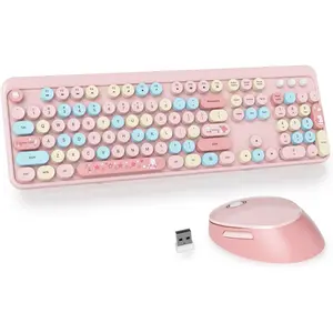 Typewriter Pink Keyboard and Mouse Wireless, Full-Size Colorful Cute Office Keyboard 2.4GHz with Number Pad for Desktop Laptop and PC (Colorful Pink)  springtok
