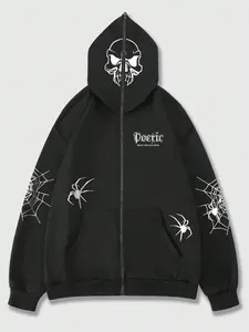 Y2K Gothic Skull Spider Web Full Zip Hoodie, Punk & Goth Fashion Jacket, Soft Comfortable, All Seasons, Streetwear for Alternative Style