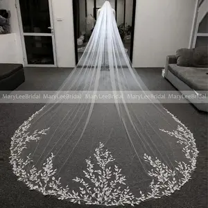 Leafy Lace Appliqués Tulle Wedding Veil with Comb Customized White/Ivory Long Bridal Veils Veu of Bride 3 Meters Veu de Noiva