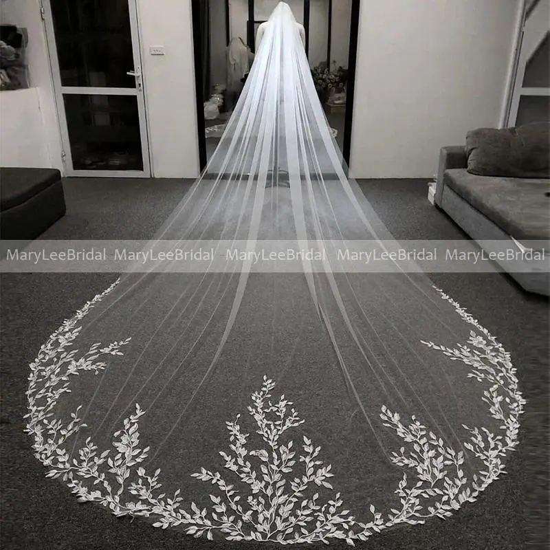Leafy Lace Appliqués Tulle Wedding Veil with Comb Customized White/Ivory Long Bridal Veils Veu of Bride 3 Meters Veu de Noiva