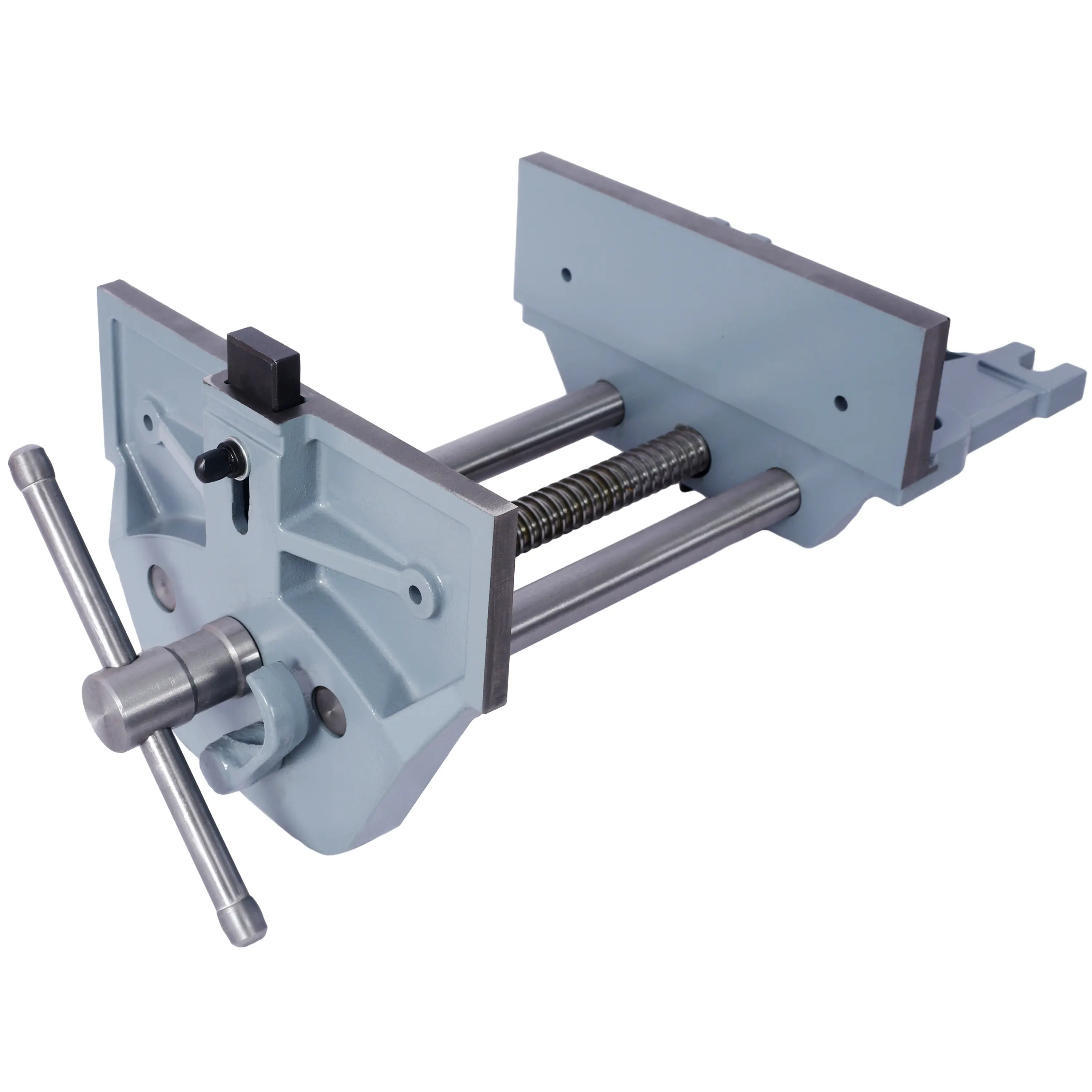 9-Inch Jaw Width Cast Iron Woodworking Vise for Woodworking Tasks - Quick Trigger Rapid Action, 4-Inch Adjustable Front Stop, Shock-Absorbing, Pre-Drilled Holes, Slide Rods & Main Screw, Tommy Bar, Gray Clamp