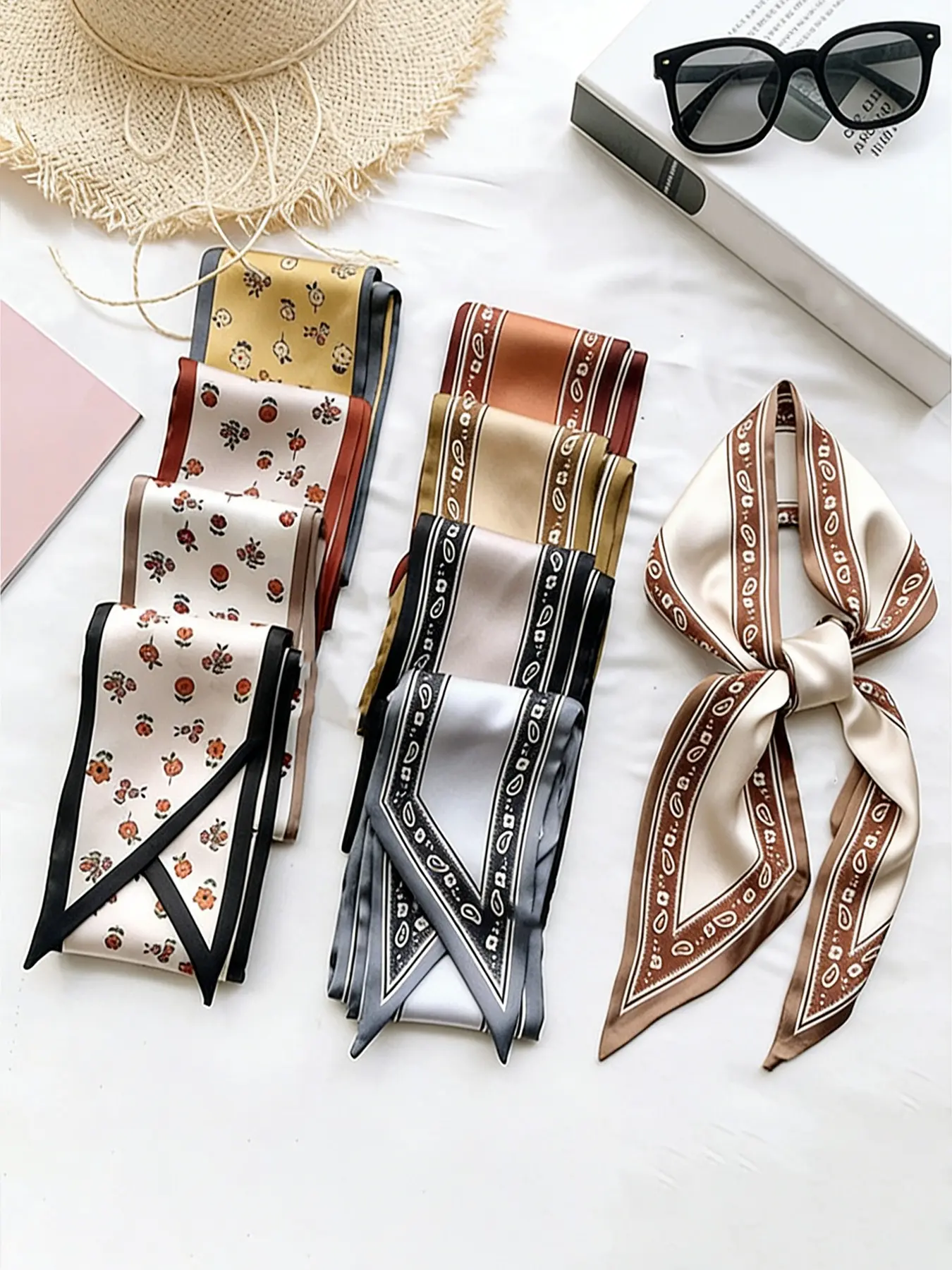 9 Pcs / 1 Set Vintage Walnut Flower Elegant French Style Polyester Scarf, Multifunctional Hairband, Hair Styling Headband, Woven Ribbon, Bag Accessory, Women and Girls, Cute Hair Accessories, Hair Scarf Headband