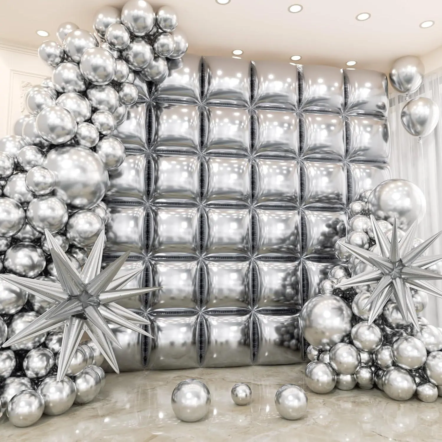 36Pcs Metallic Silver Square Foil Balloons Wall Backdrop With 79Pcs Balloon Garland Arch Kit, Double Sided Balloon For Bachelorette Baby Shower Birthday Anniversary Graduation Party Decorations