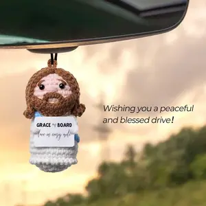 Jesus & Guadalupe Rearview Mirror Charm, Handmade Crochet Catholic Christian Car Decor, Grace on Board Guardian Ornament, Cute Religious Faith Gift for Bag, Auto, Husband & Family