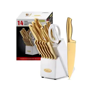 Knife Set-Marco Almond MA21 Luxury Golden Titanium Coated 14 Pieces Stainless Steel Hollow Handle Gold Kitchen Knife Set With Block By White Wash Finish Wood