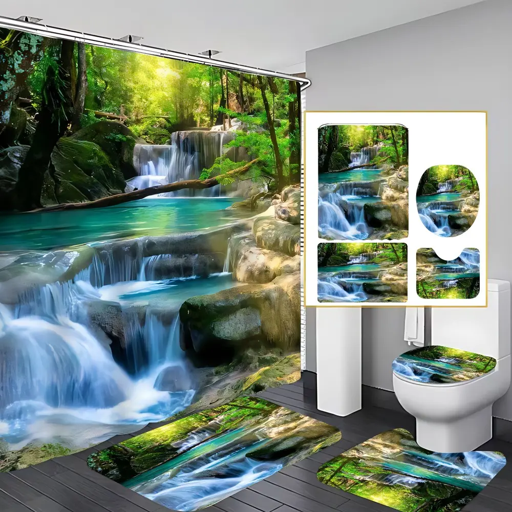 4 Pcs Jungle Waterfall Bathroom Curtain Sets with 12 Hooks,Tropical Forest Stream Large Waterproof Thickened Mildew Proof Bathroom Partition Curtain,Bathroom Shower Curtain,Toilet Lid Cover,Non-Slip Bathroom Rugs and U Shape Bath Mat,Modern Decor