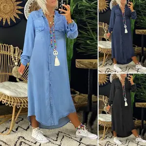 Denim Long Dress Shirt Collar Denim Casual Dress