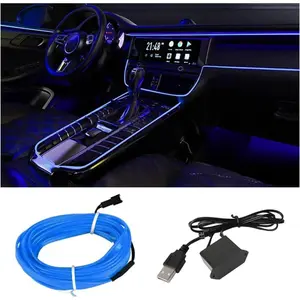 EL Wire Interior Car LED Strip Lights, USB Car Neon Light Strip with Sewing Edge, 16FT Neon Light 5V with Fuse Protection, Electroluminescent Car Indoor Decorations (Blue)