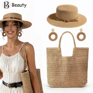 3-piece Women's Beach Fashion Set: sun hat, beach hat, beach bag, handbag, earrings, ear ornaments, women's accessories, perfect for outdoor beach and travel scenarios