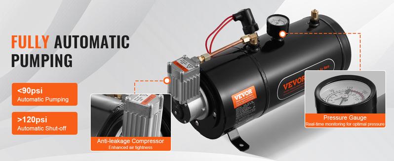 VEVOR Train Horns Kit, TikTokShopBlackFriday, 4 Trumpet Air Horn Kit, 150dB Train Horns for Pickup Trucks, 12V 120 psi Air Compressor 0.8 Gal/3 L Tank with Gauge for Any 12V Vehicle Car Truck Train Van Boat Power Sound Accessory VEVOR Super Brand Day