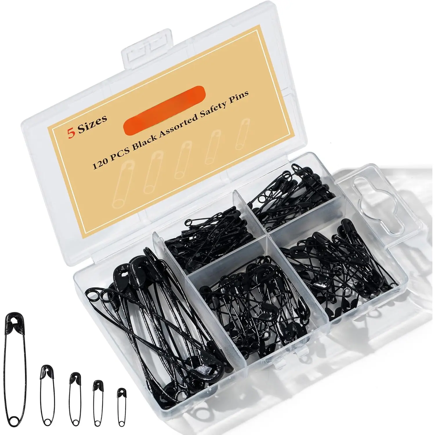 120 count 5 Different Sizes Black Safety Pins Assorted, Small and Large Safety Pins Bulk for Sewing and Clothes