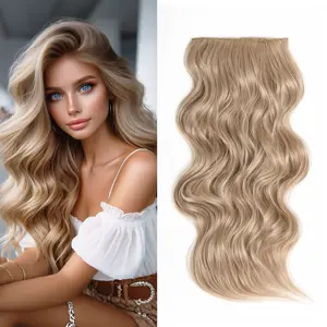 [ Qbeauty ] Warm Champagne Clip- in Synthetic Hair Extensions Long Wavy 4PCS Thick Hairpieces Double Weft Natural Hair Extensions for Women