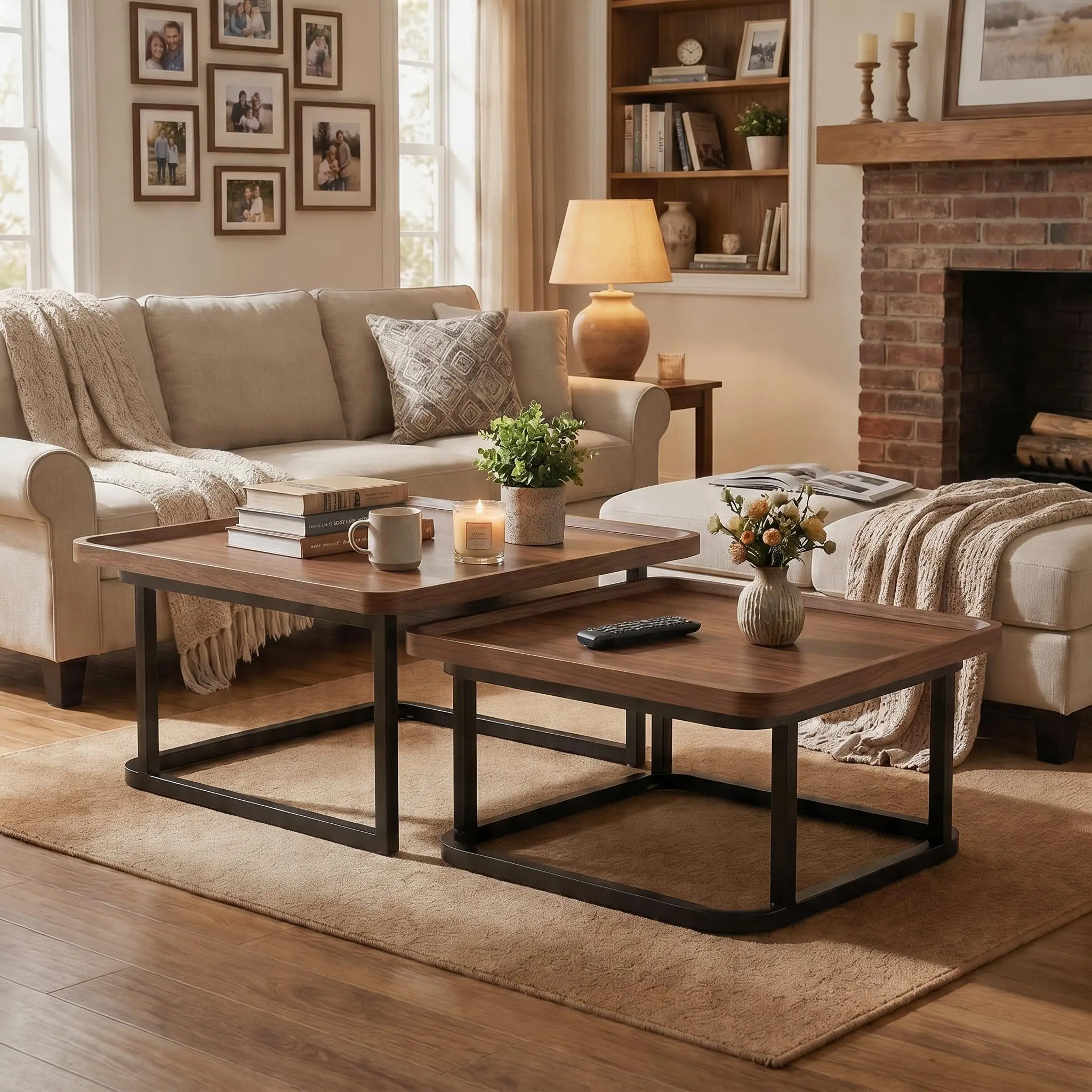 Garvee Upgraded 2 Piece Square Nesting Coffee Table Set, Stackable Space Saving Mid-Century Modern Versatile End Tables for Living Room Balcony Bedroom