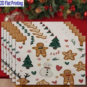 1PC/4Pcs/6Pcs 2D Flat Printed Gingerbread Man Christmas Tree Holiday Pattern Table Mats, Placemats, Heat-resistant Kitchen Table Mats, Home Restaurant Table Mats, Outdoor Picnic Table Cloth Mats, Household Placemat, Etc
