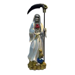Santa Muerte White Robe Statue 12 Inch Protection Wisdom & Abundance with Scythe and Gold Coins