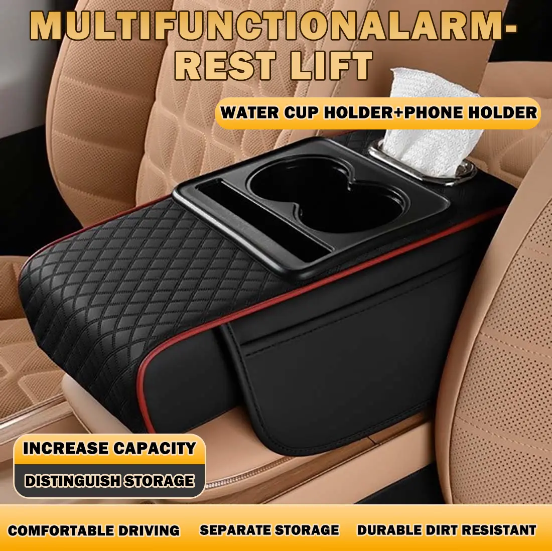 5 in 1 Car Armrest Cushion Center Console Cover with Storage Bags Cup Holder Tissue Box Phone Slot for Sedans Car Interior Organizers Accessories Black Red