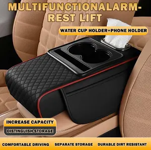 5 in 1 Car Armrest Cushion Center Console Cover with Storage Bags Cup Holder Tissue Box Phone Slot for Sedans Car Interior Organizers Accessories Black Red