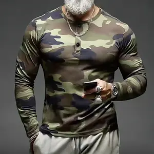 Men’s Fashion Camouflage Henley Long Sleeve Shirt — Rugged Style Slim Fit Casual  Polo Top