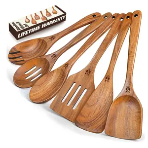 Spoons for Cooking, 6 Pcs Natural Teak Wooden Kitchen Utensils Set, Cooking Utensils Set with Long & Comfort Grip, Wooden Spoons Spatula Set Perfect for Non-Stick Cookware