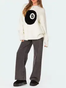 Rest Round Neck Long Sleeve Pullover Sweater Knitwear, Loose Fit Knit Top with Billiard Pattern, Casual Fashion for Daily Wear