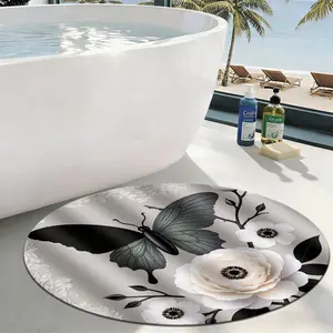 1Pc Elegant Style with Butterfly and White Flowers Circular Bathroom Mat, Flannel Non Slip Round Art Beauty Bath Rug, Circular Thickened Soft Absorb Water Floor Carpet, Microfiber Surface Memory Foam Cushion, Home Bathroom Accessory