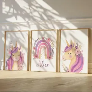 3pcs Frameless Unicorn Nursery Print Poster, Girls Bedroom Wall Art Trio Canvas, Rainbow Unicorn Decorative Birthday Gift Poster