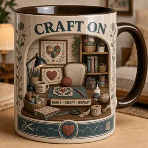 Custom Craft Lover Mug, 2D Printed 3D Effect Ceramic Coffee Cup, Cozy Craft Room Yarn Sewing Scissors Design, Personalized Gift for Crafters, Makers, DIY Lovers, Moms, Birthday Christmas Gift