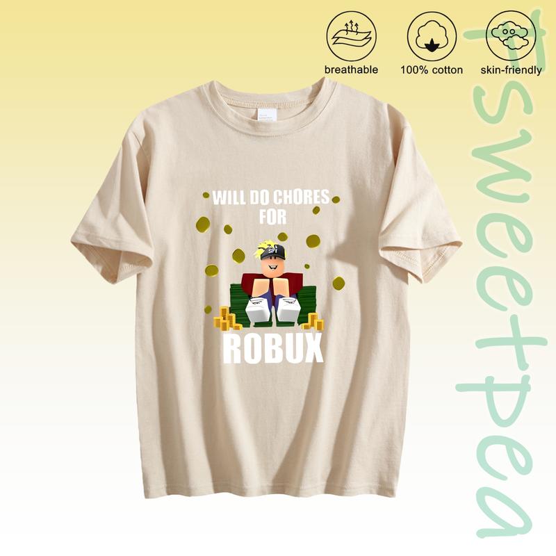 Pink Crew Neck Short Sleeve T Shirt With Roblox Character And Will Do Chores For Robux Graphic Print Soft Breathable 100 Cotton Skin Friendly Casual Top For Spring Summer Everyday Wear Vacation Outfit Student Comfortable