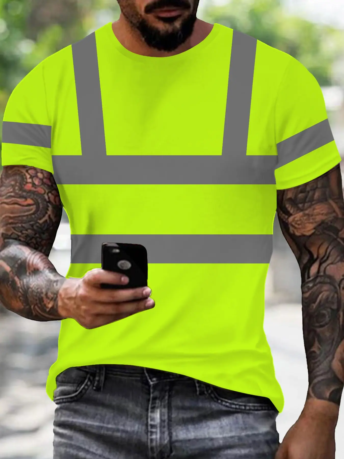 Fluorescent Print Reflective Visibility T-Shirt, Construction Safety Style, Short Sleeve, Fashionable and Comfortable, Ideal for Daily Wear, Perfect Gift Choice