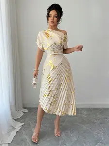 Women's All Over Print Asymmetrical Neck Formal Party Wear Dress, Elegant Fashion Casual Dress for Daily Outdoor Wear, Women Dress for Summer, Formal Shortsleeve Dress, Womenswear, Evening Party Dresses, Elegant Fit Dress, Elegant Romantic Dress